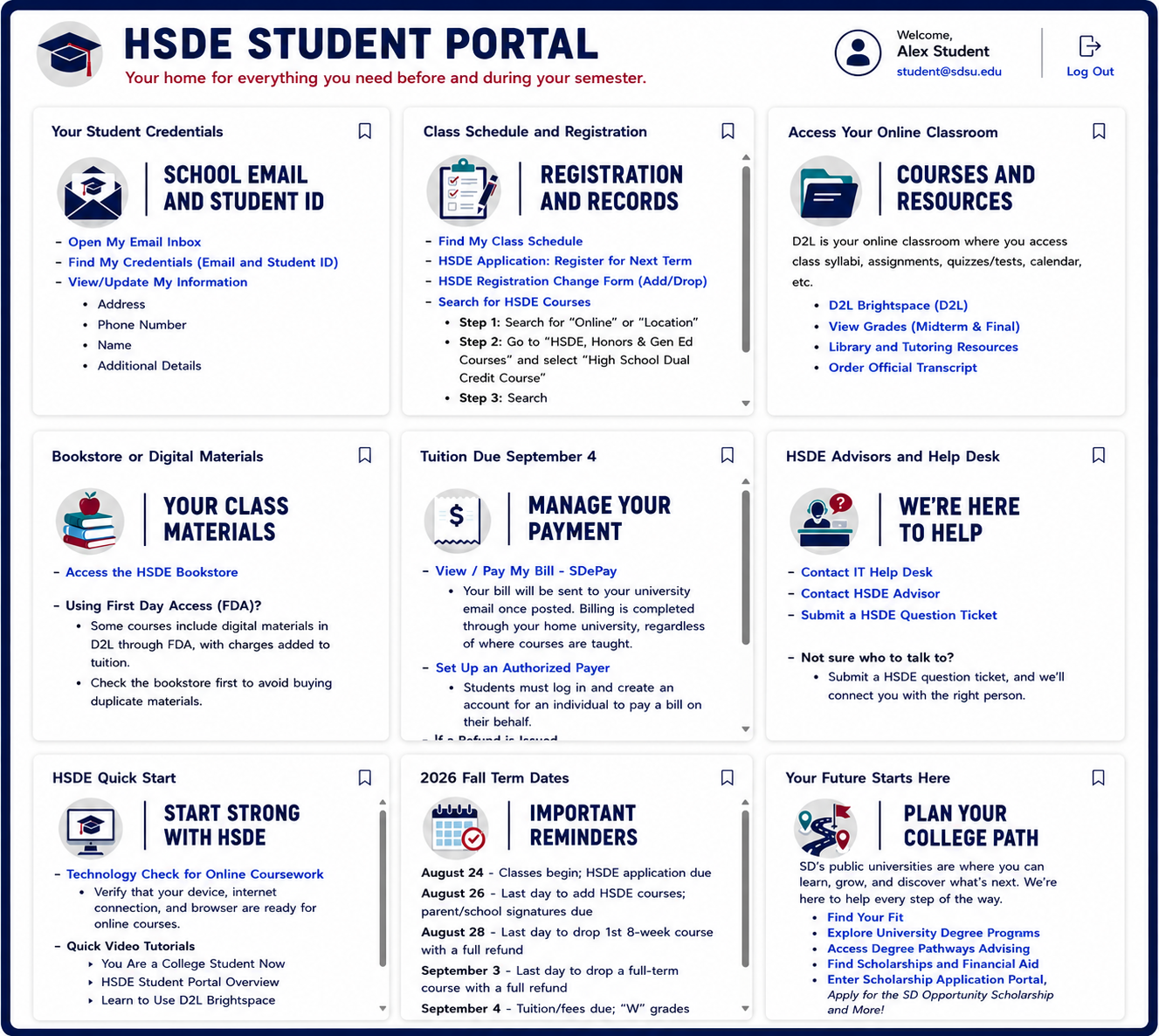 Screenshot of HSDE Student Portal showing nine main sections student use to access important information and resources.